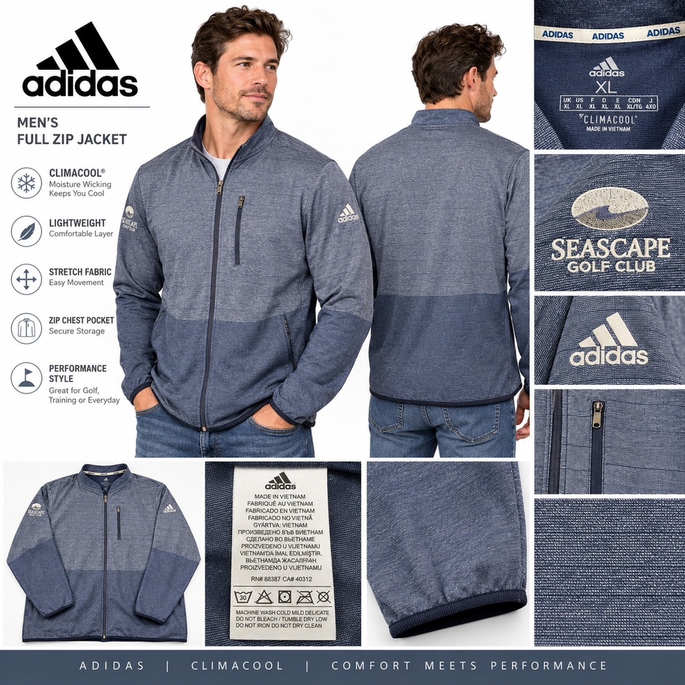 Adidas Men's XL Navy Jacket Blue Full Zip Seascape Golf Club Climacool Coat